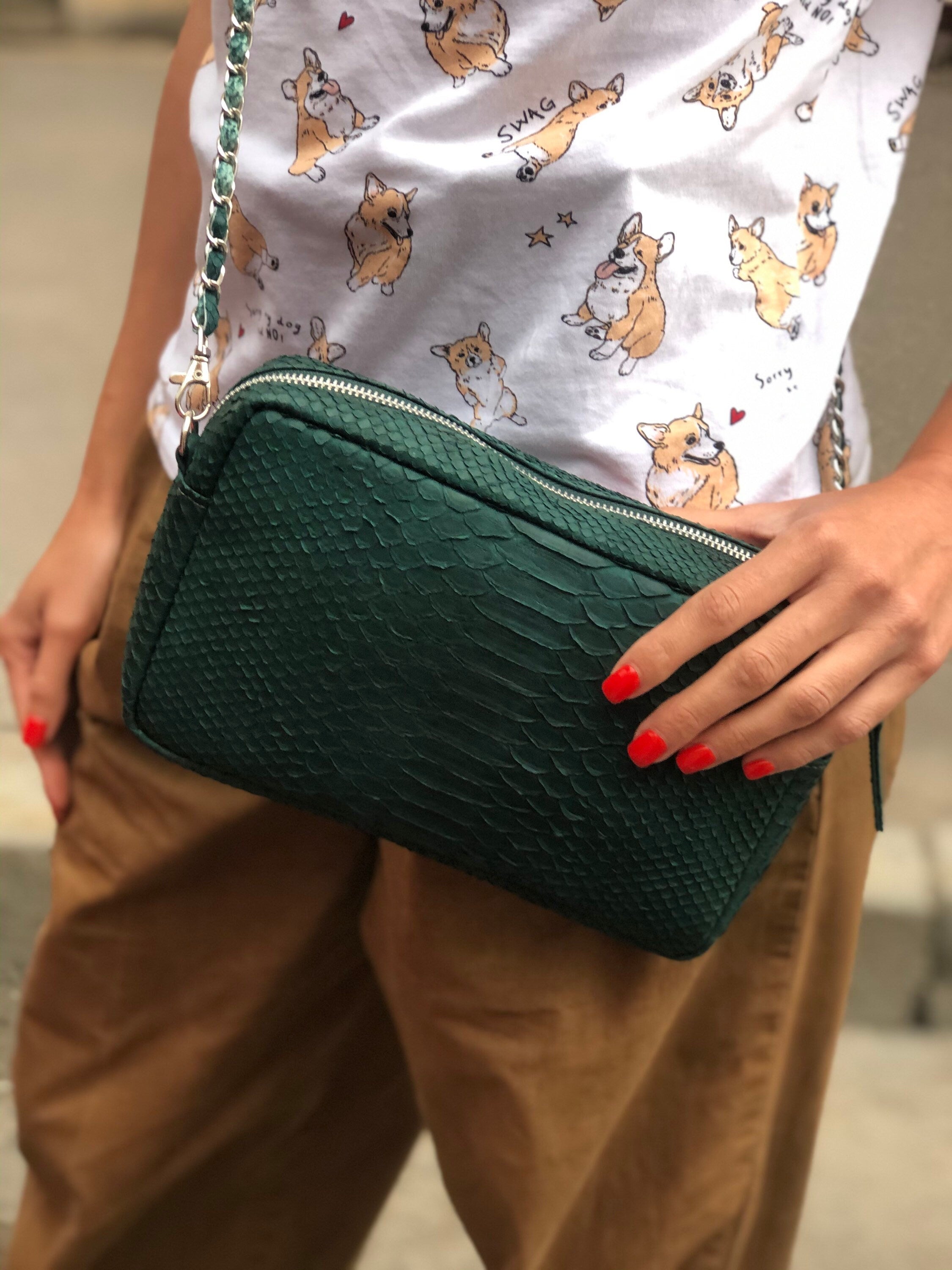 Genuine Python Skin Bag Dark Green Color