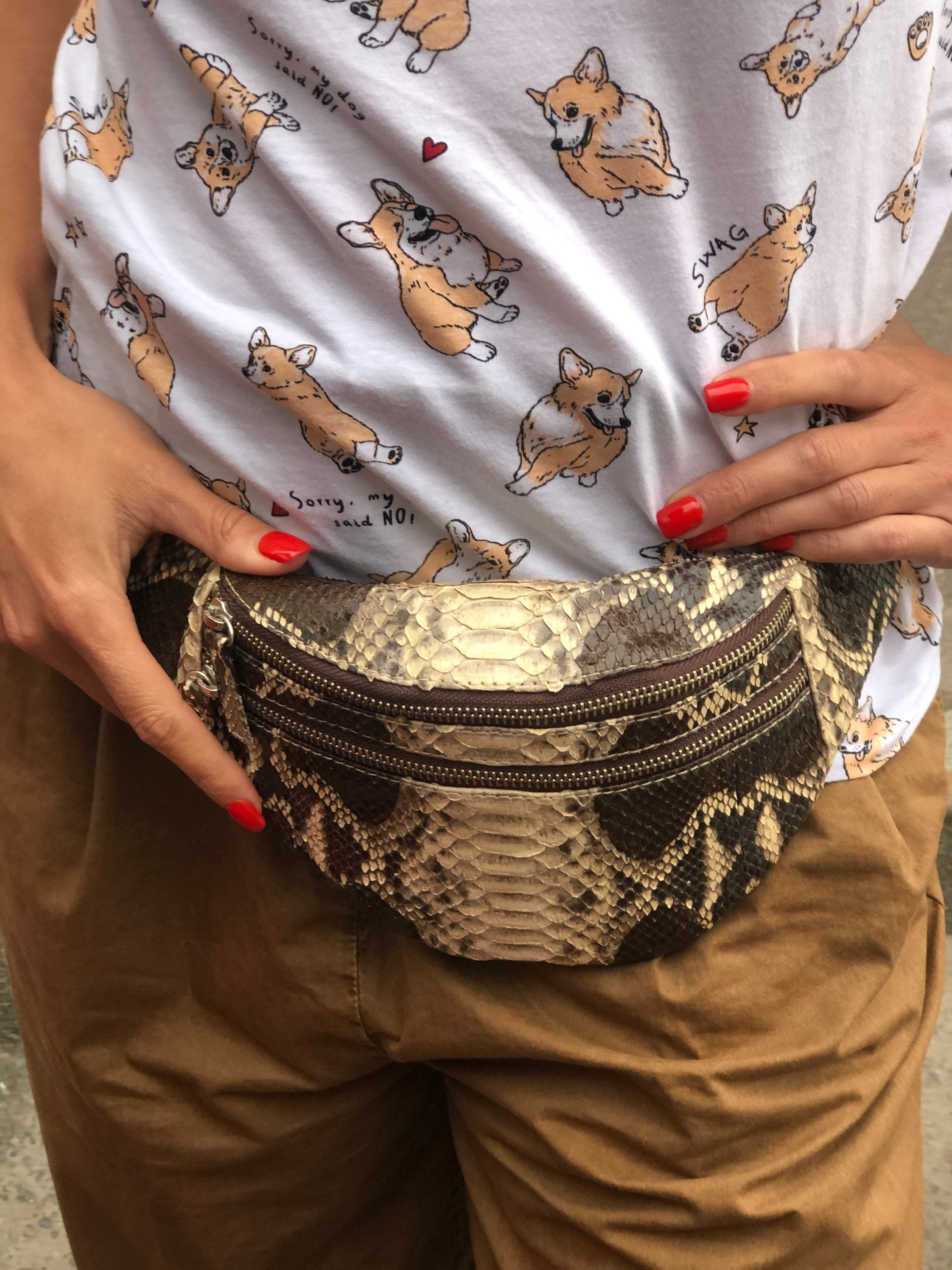 Genuine Python Skin Fanny Pack Brown and White