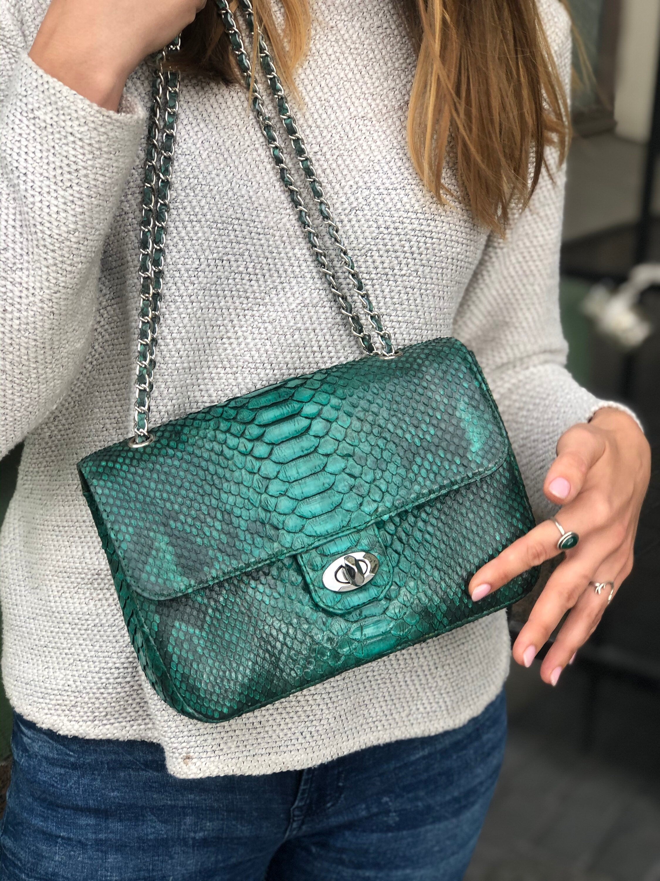Genuine Python Skin Green Color Shiny Chain Bag — Red