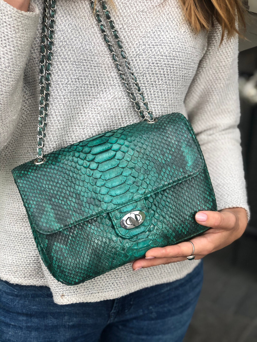 Genuine Python Skin Green Color Shiny Chain Bag — Red