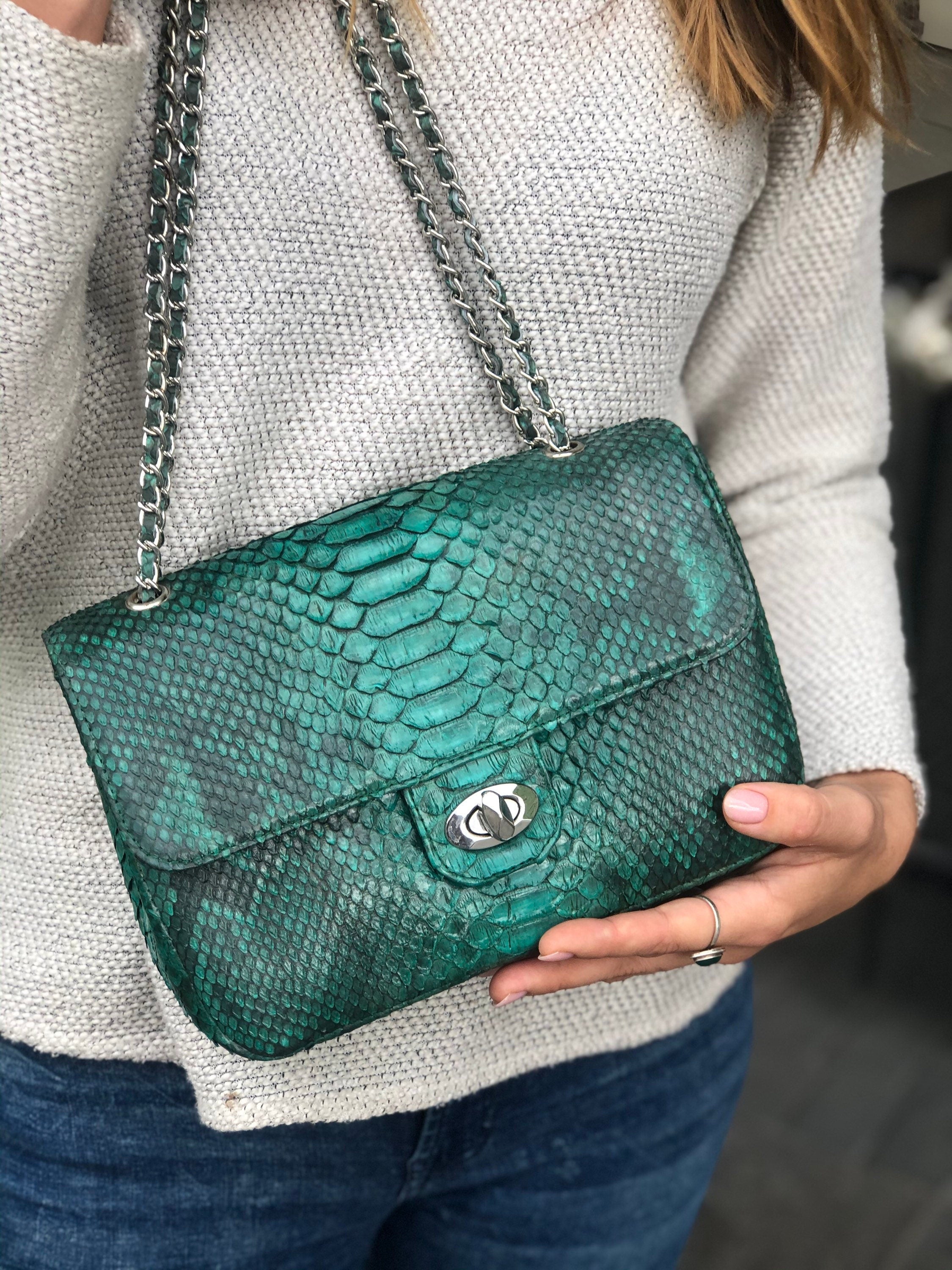 Genuine Python Skin Green Color Shiny Chain Bag — Red