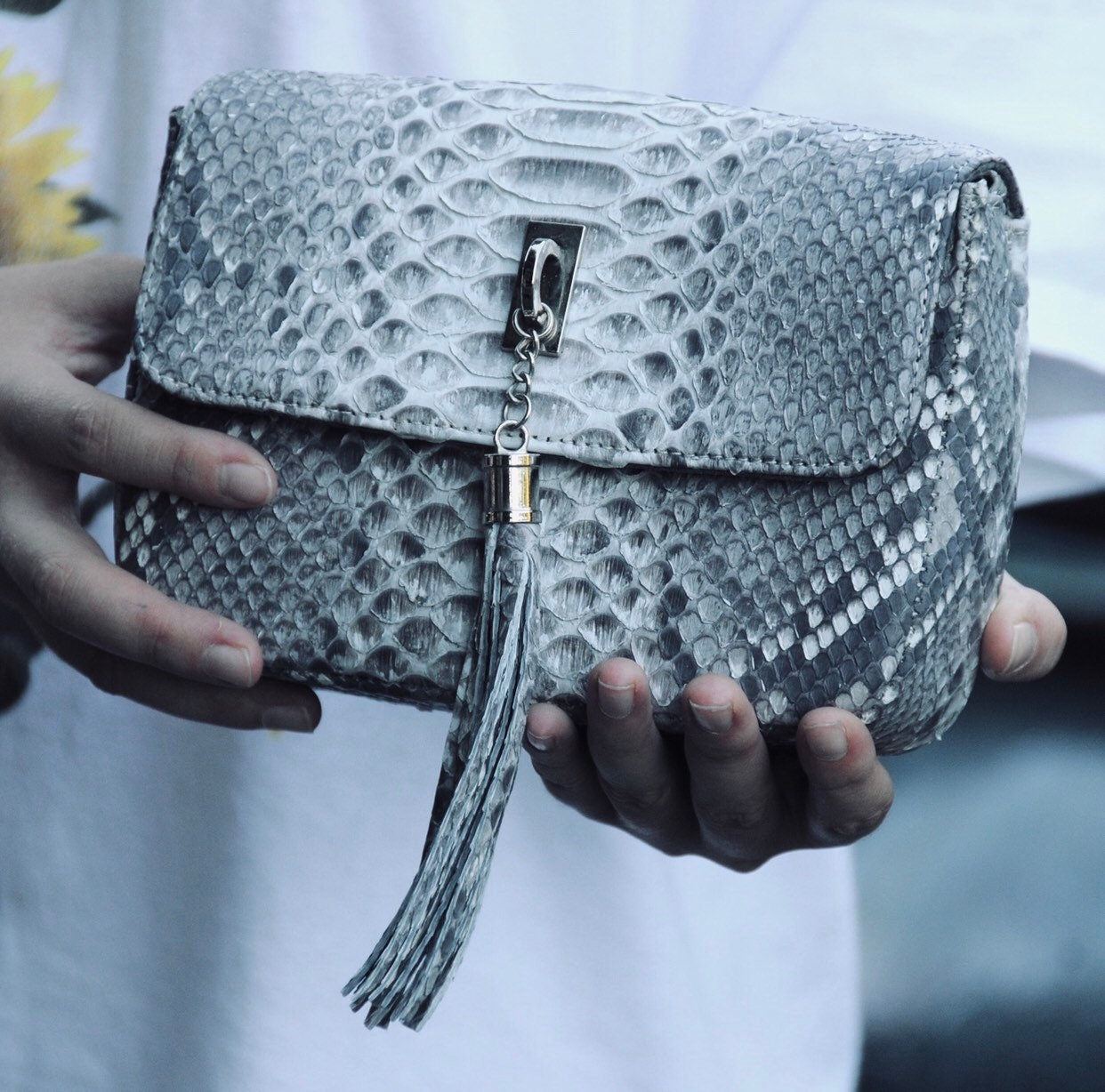 Genuine Python Skin Chain Tassel Crossbody Bag