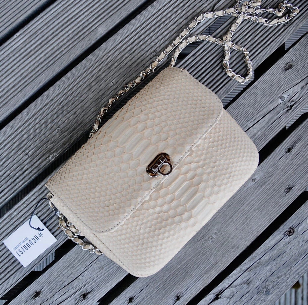 Genuine Python Skin Chain Crossbody Bag — Cream Milk