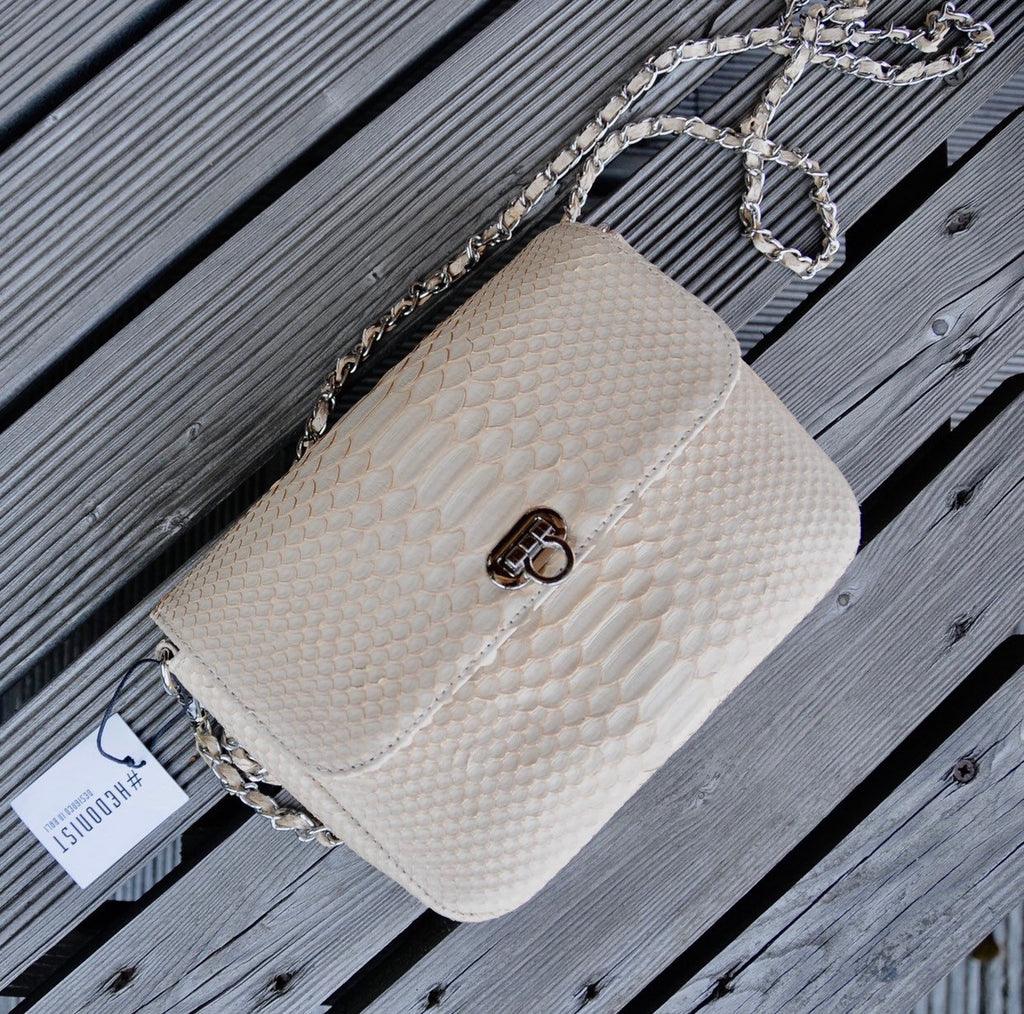 Genuine Python Skin Cream Color Crossbody Detachable Chain Handbag Mini Summer Elegant Classy Purse Clutch, Milk Color Python Leather Lady — Red