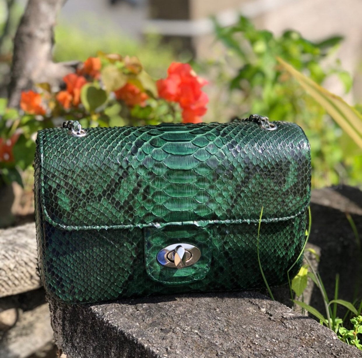 Genuine Python Skin Green Color Shiny Chain Bag — Red
