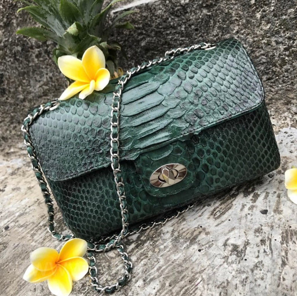 Genuine Python Skin Green Color Shiny Chain Bag — Red