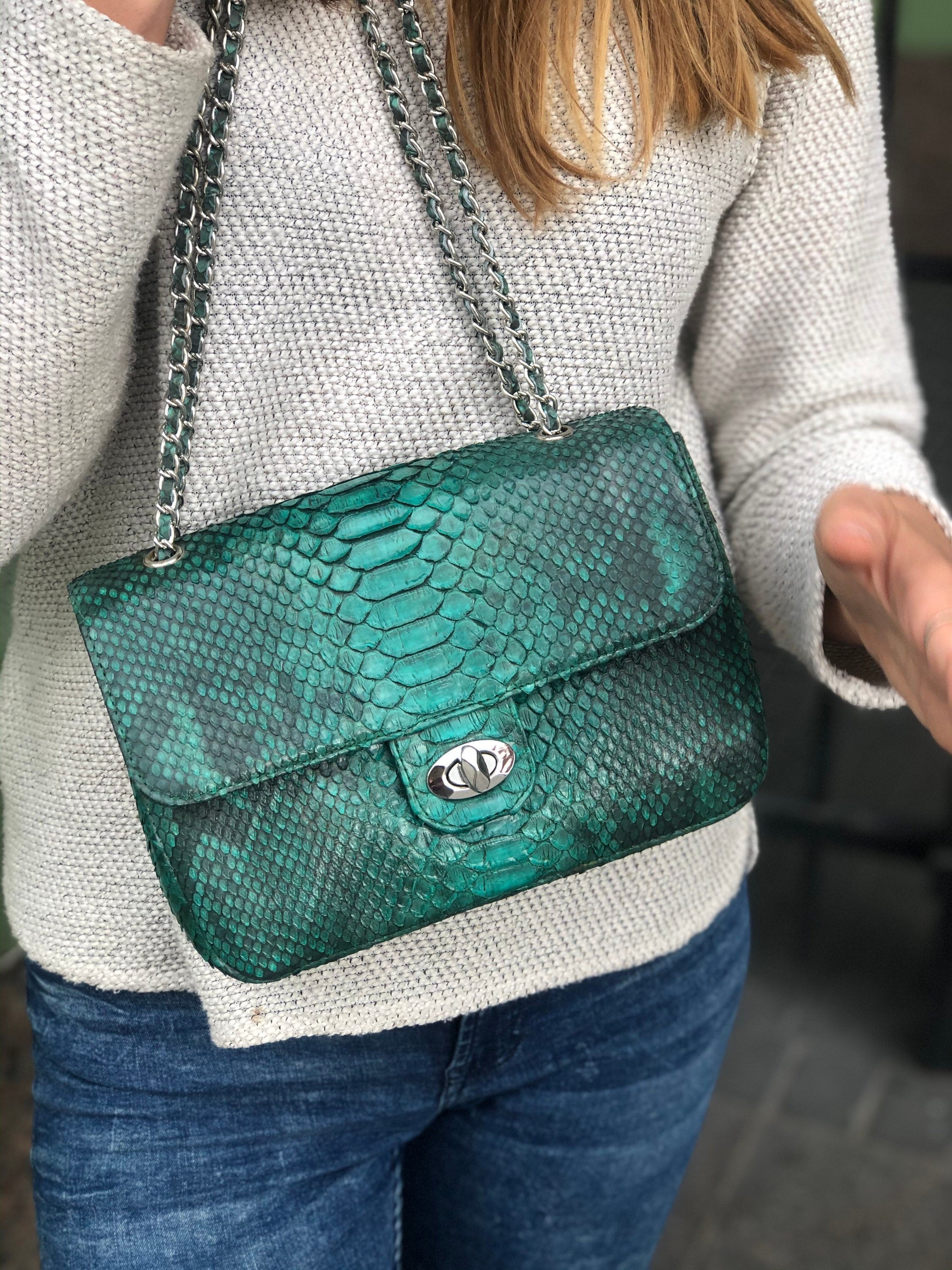 Genuine Python Skin Green Color Shiny Chain Bag — Red
