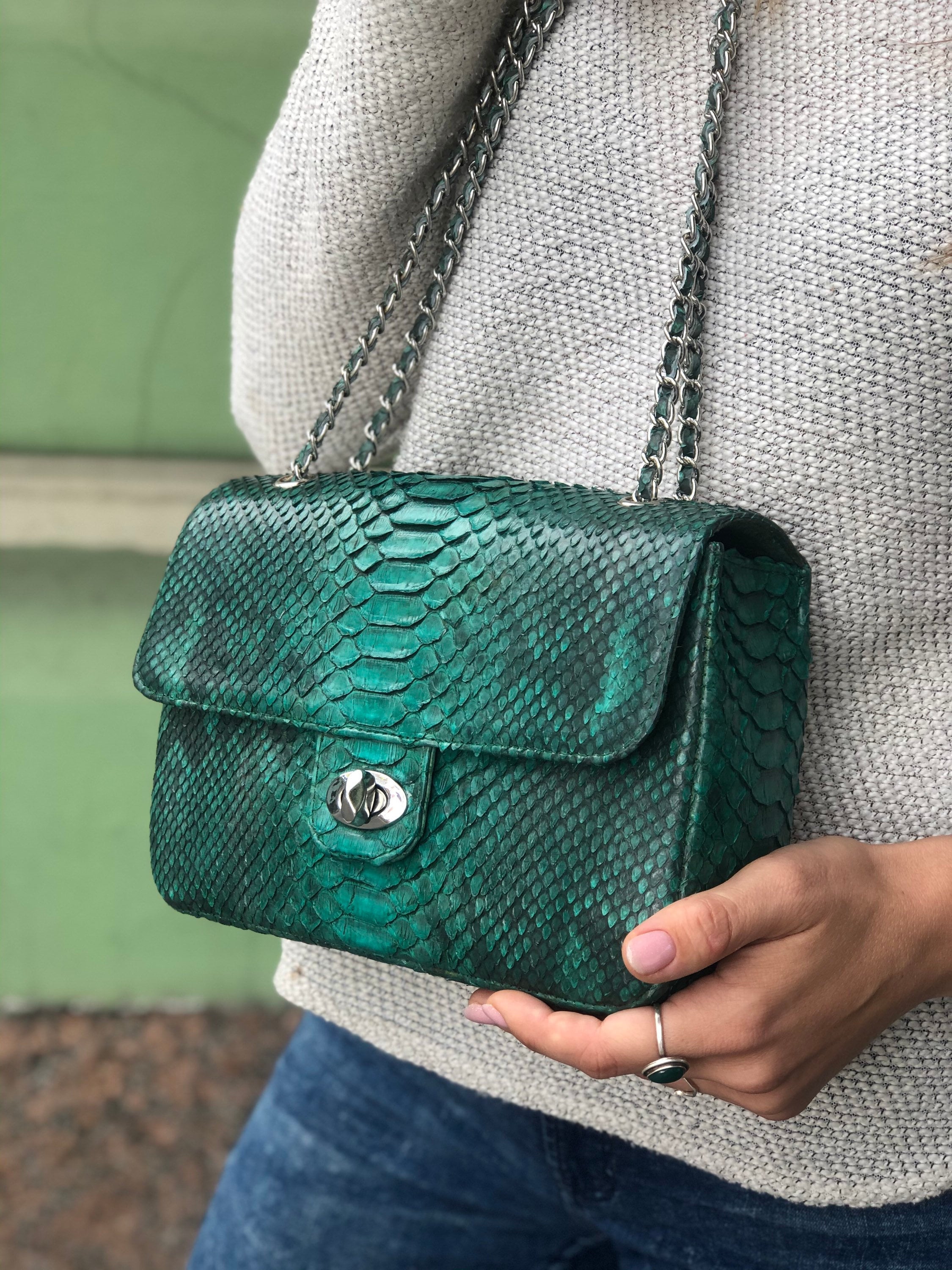 Genuine Python Skin Green Color Shiny Chain Bag — Red