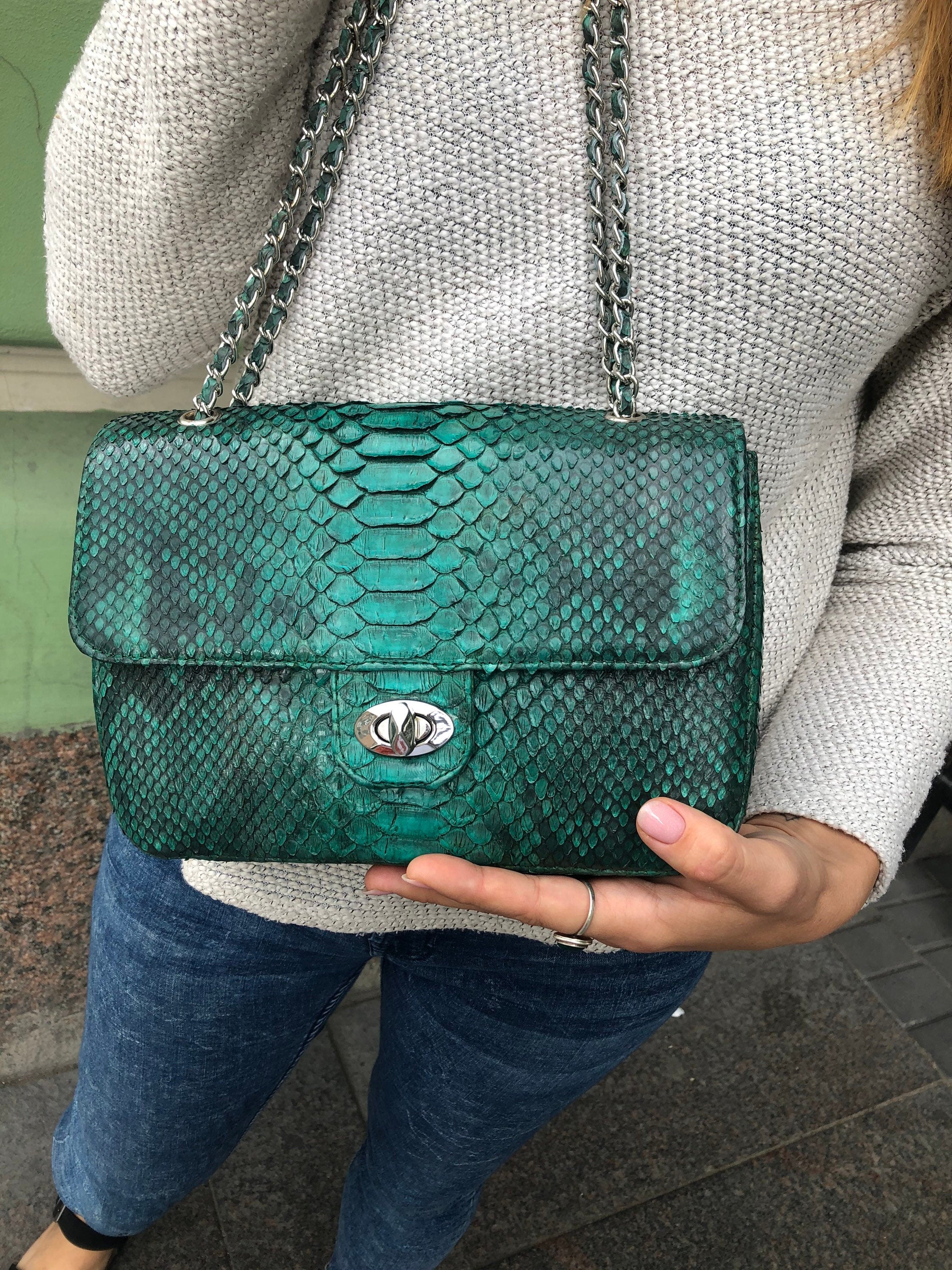 Genuine Python Skin Green Color Shiny Chain Bag — Red