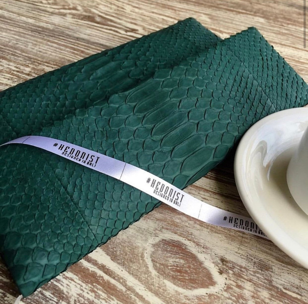 Genuine Python Skin Envelope Clutch — Dark Green