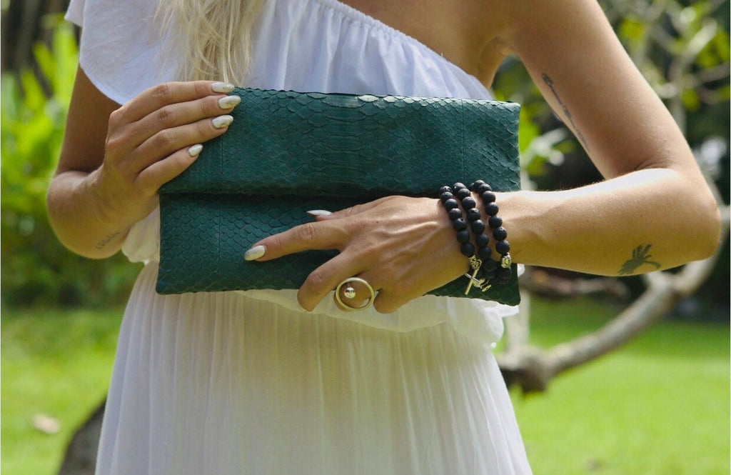 Genuine Python Skin Envelope Clutch — Dark Green