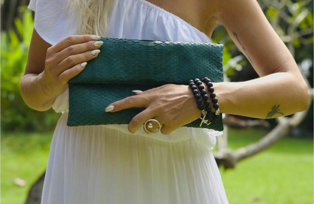 Genuine Python Skin Envelope Clutch — Dark Green