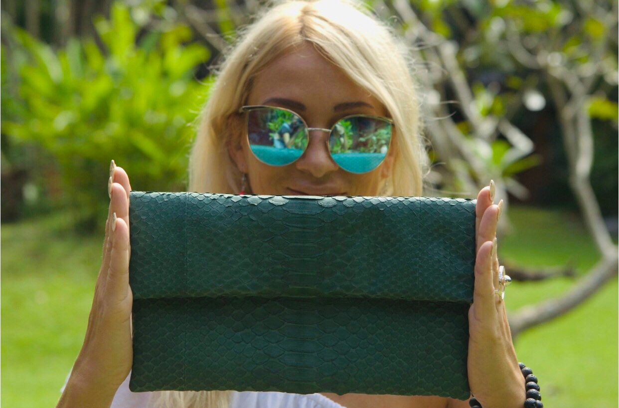 Genuine Python Skin Envelope Clutch — Dark Green