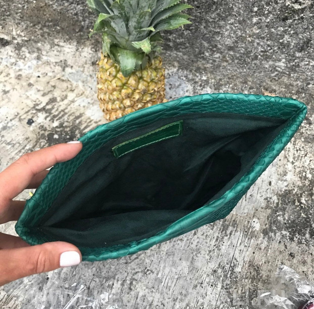 Genuine Python Skin Envelope Clutch — Dark Green