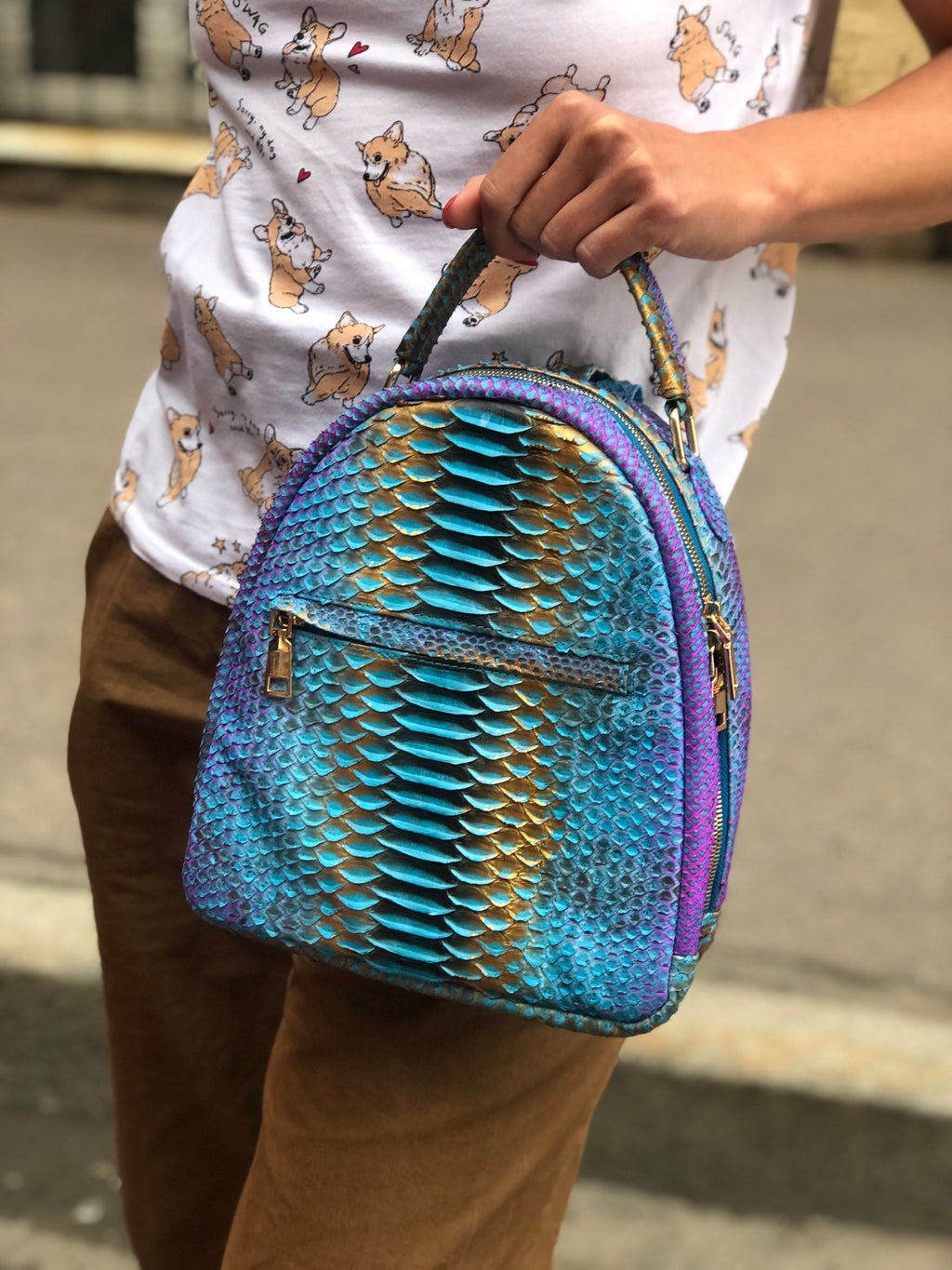 Genuine Python Skin Backpack — Blue Shiny