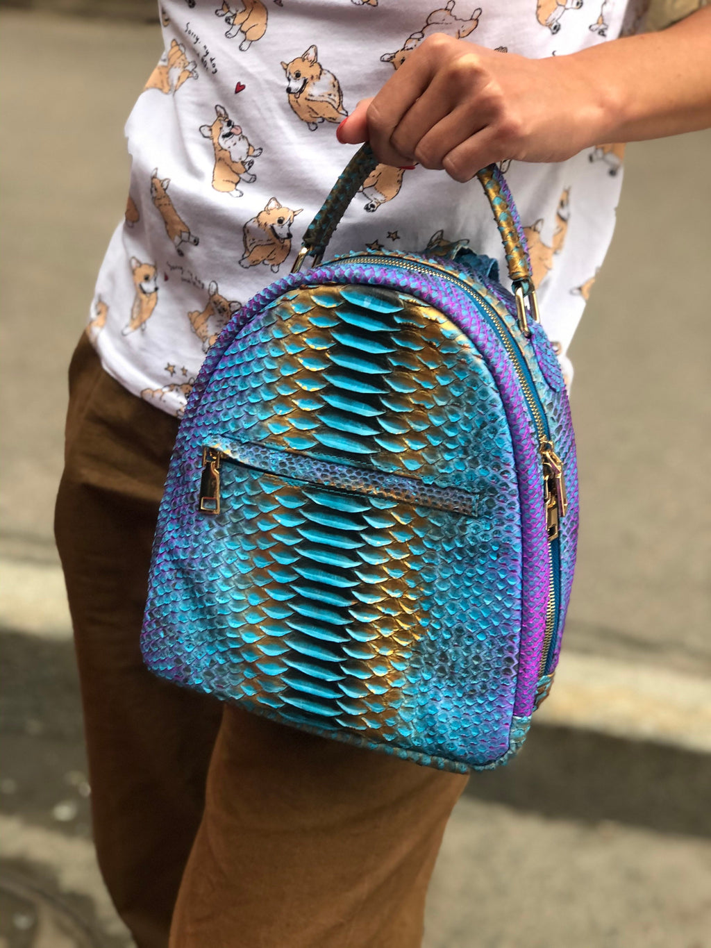 Genuine Python Skin Backpack — Blue Shiny