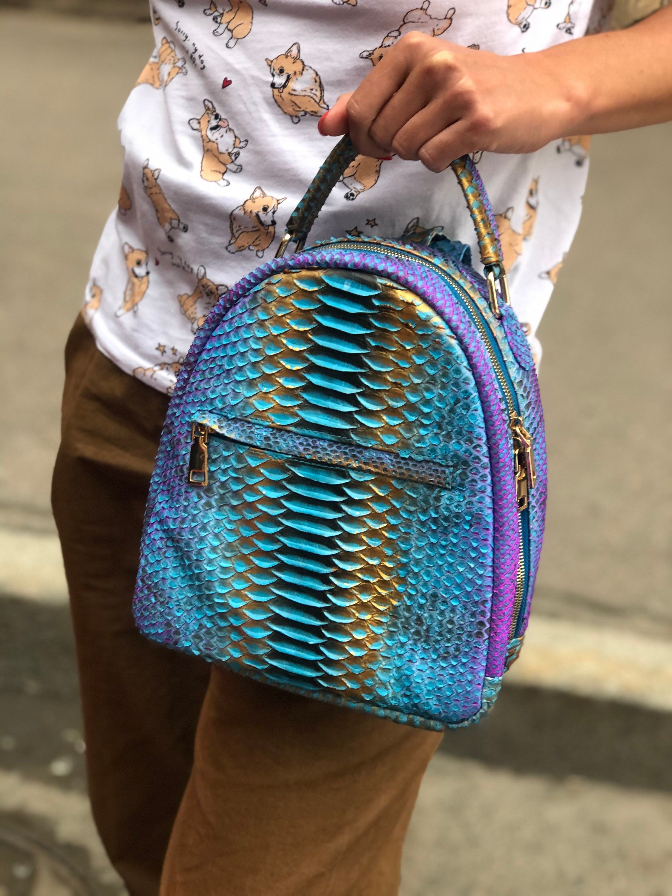 Genuine Python Skin Backpack — Blue Shiny