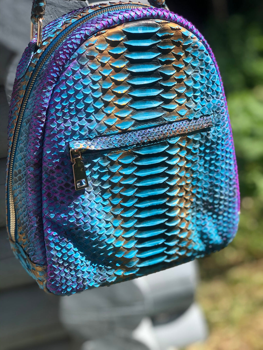 Genuine Python Skin Backpack — Blue Shiny