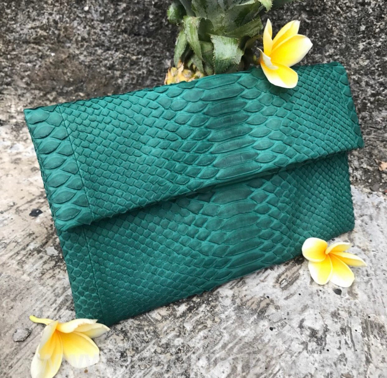 Genuine Python Skin Envelope Clutch — Dark Green