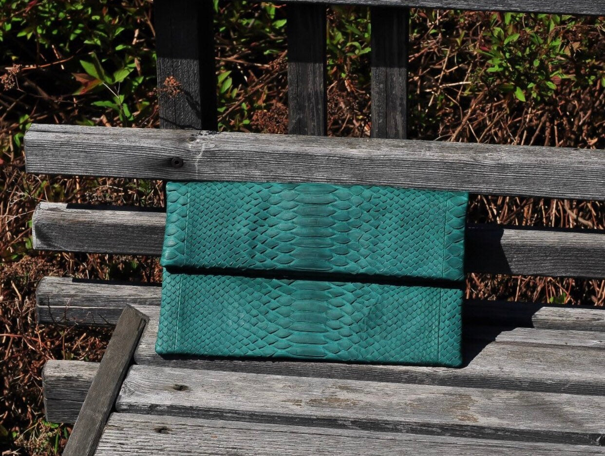 Genuine Python Skin Envelope Clutch — Dark Green