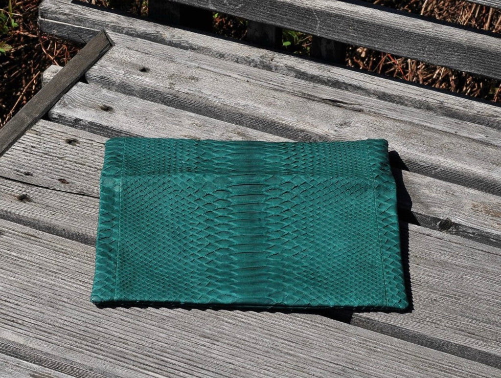Genuine Python Skin Envelope Clutch — Dark Green