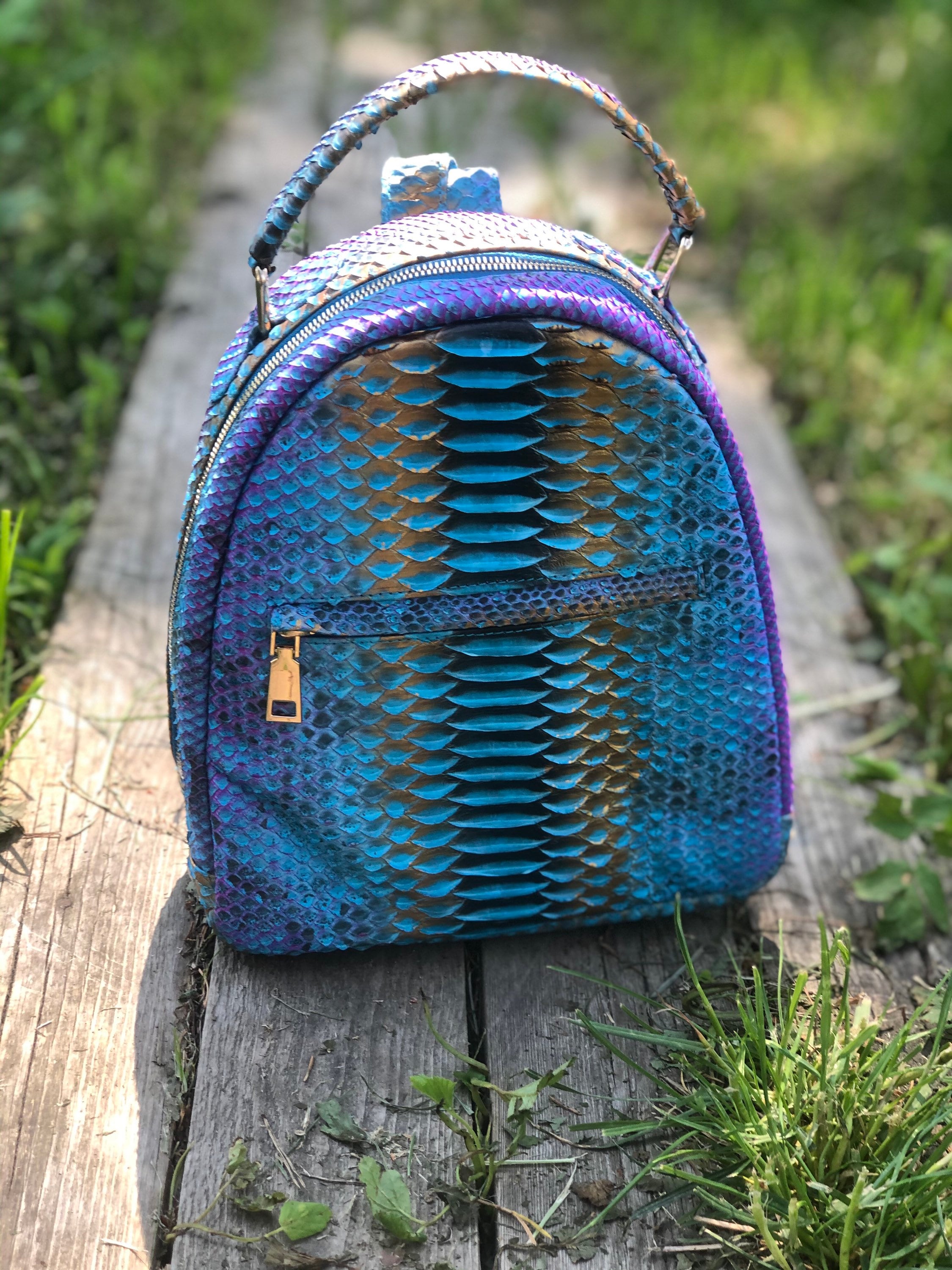 Genuine Python Skin Backpack — Blue Shiny