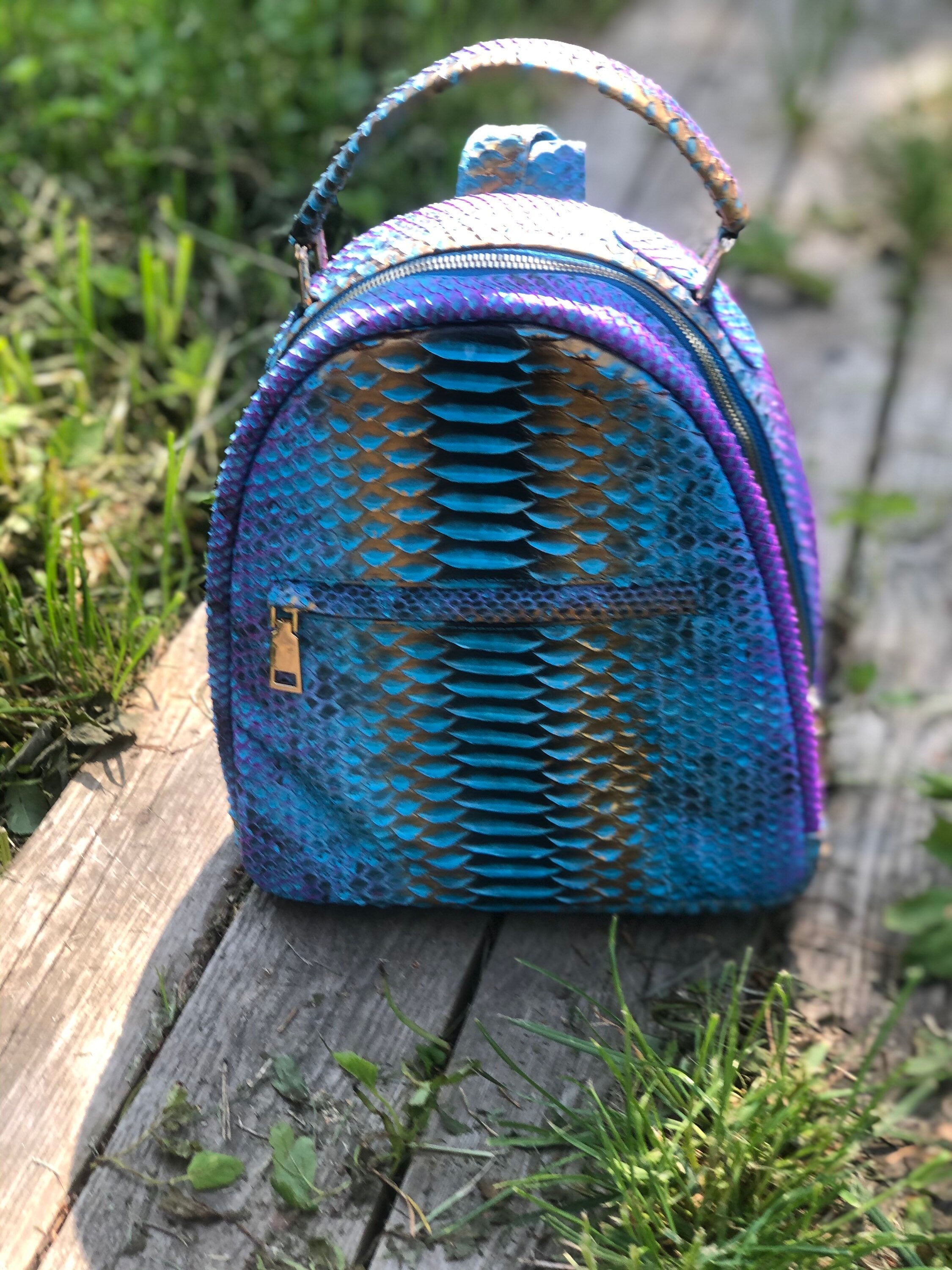 Genuine Python Skin Backpack — Blue Shiny