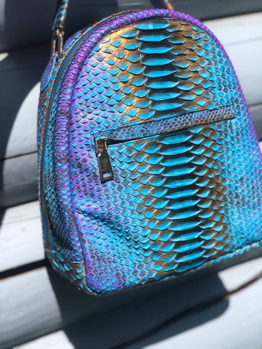 Genuine Python Skin Backpack — Blue Shiny