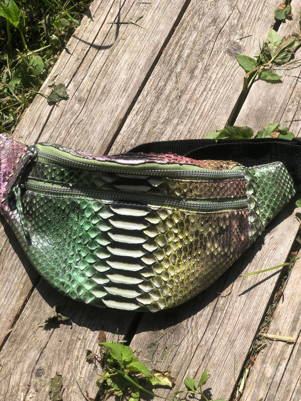 Genuine Python Skin Fanny Pack — Bronze Green Multicolor