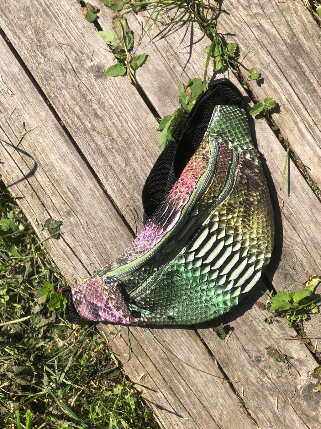 Genuine Python Skin Fanny Pack — Bronze Green Multicolor