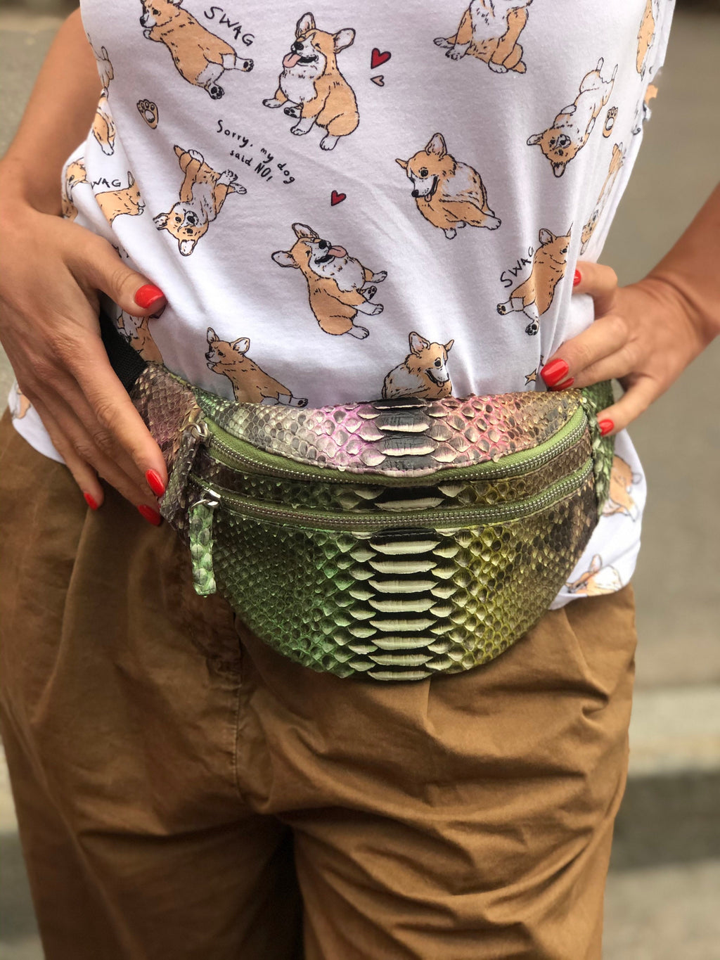Genuine Python Skin Fanny Pack — Bronze Green Multicolor