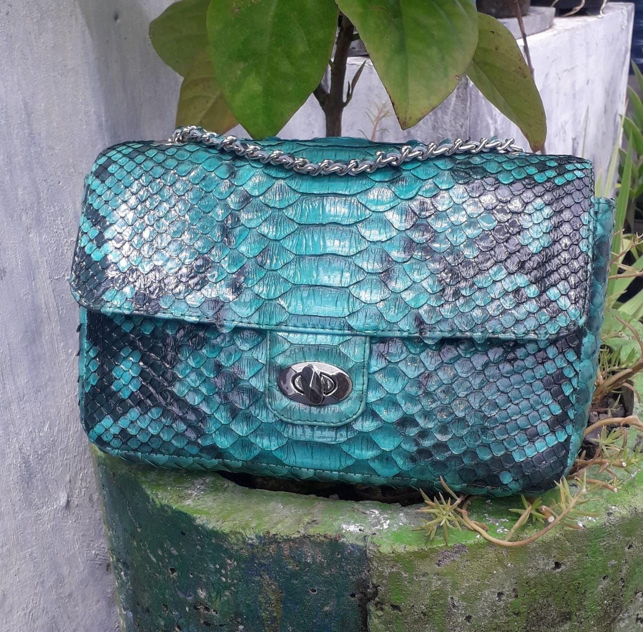 Genuine Python Skin Green Color Shiny Chain Bag — Red