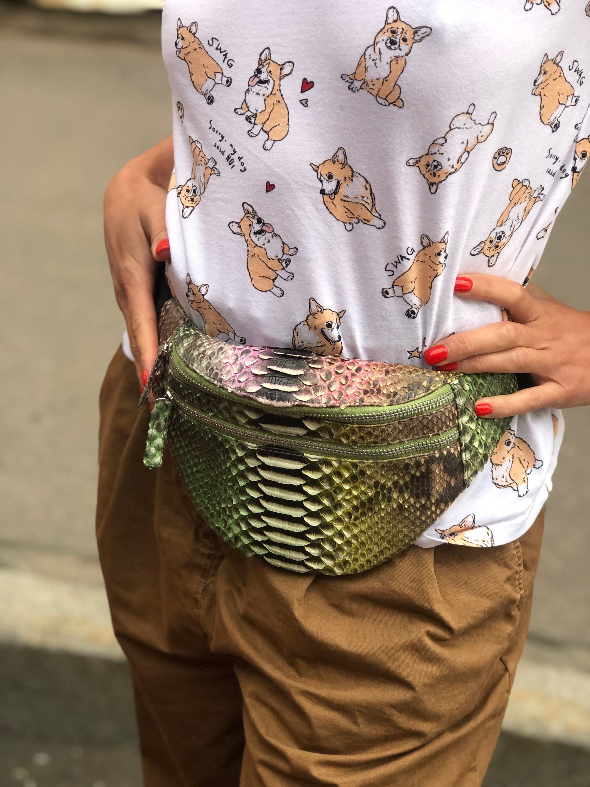 Genuine Python Skin Fanny Pack — Bronze Green Multicolor