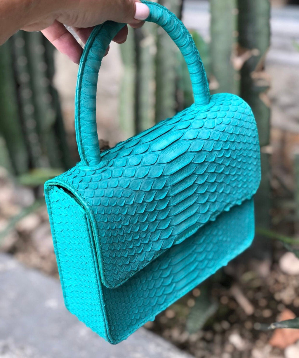 Genuine Python Skin Top Handle Mini Bag — Turquoise