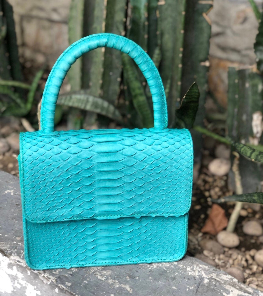 Genuine Python Skin Top Handle Mini Bag — Turquoise