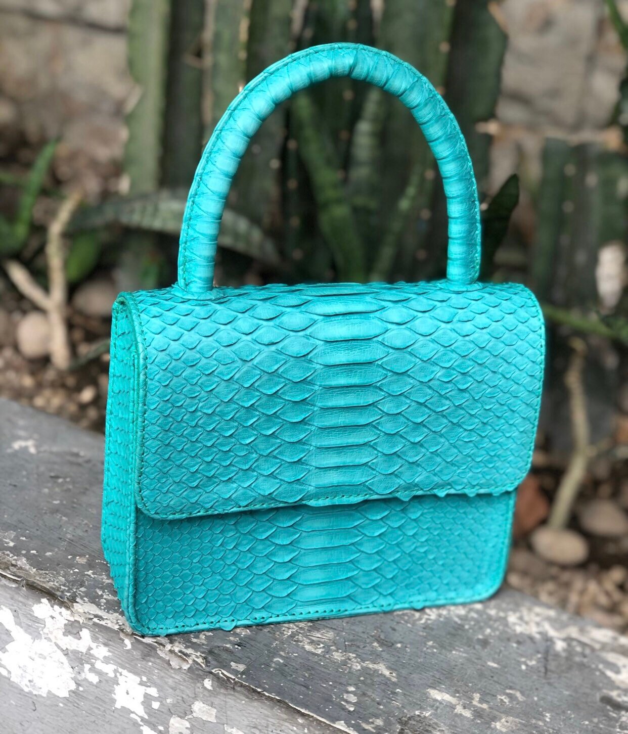 Genuine Python Skin Top Handle Mini Bag — Turquoise