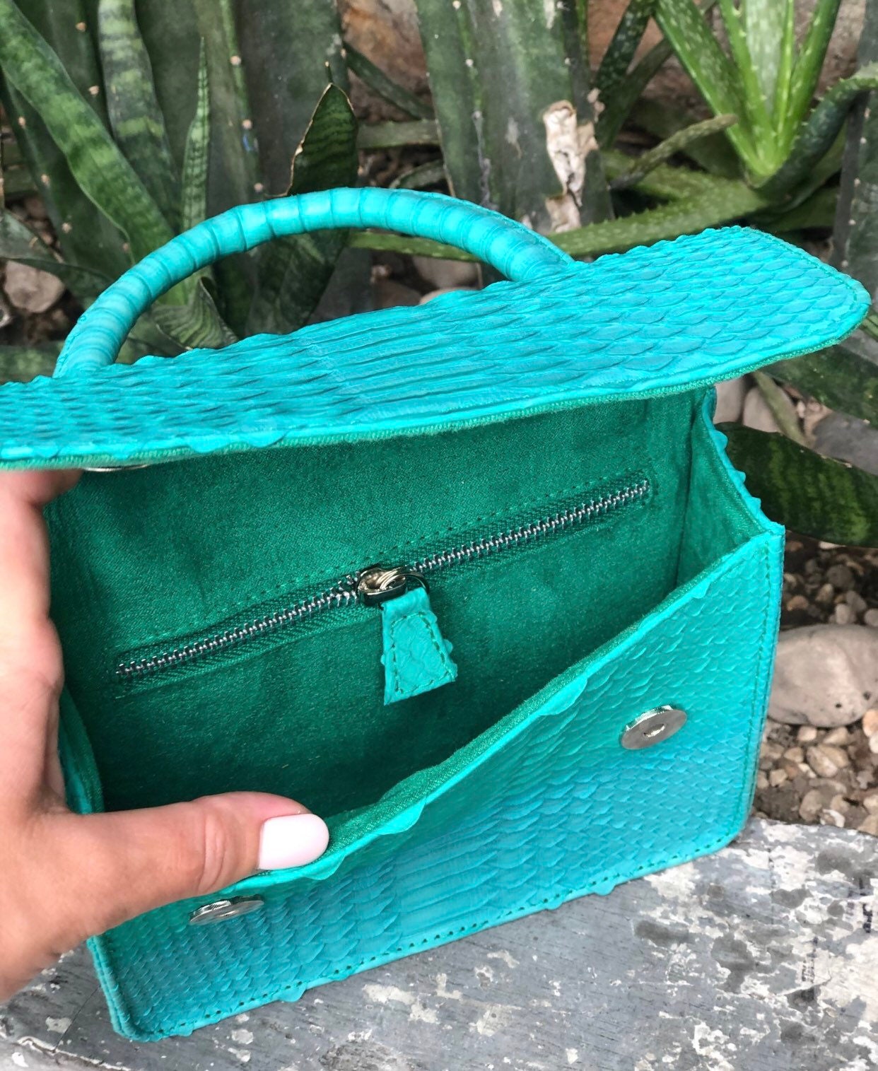 Genuine Python Skin Top Handle Mini Bag — Turquoise