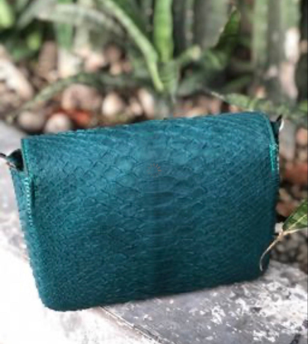 Genuine Python Skin Tassel Crossbody Bag — Dark Green