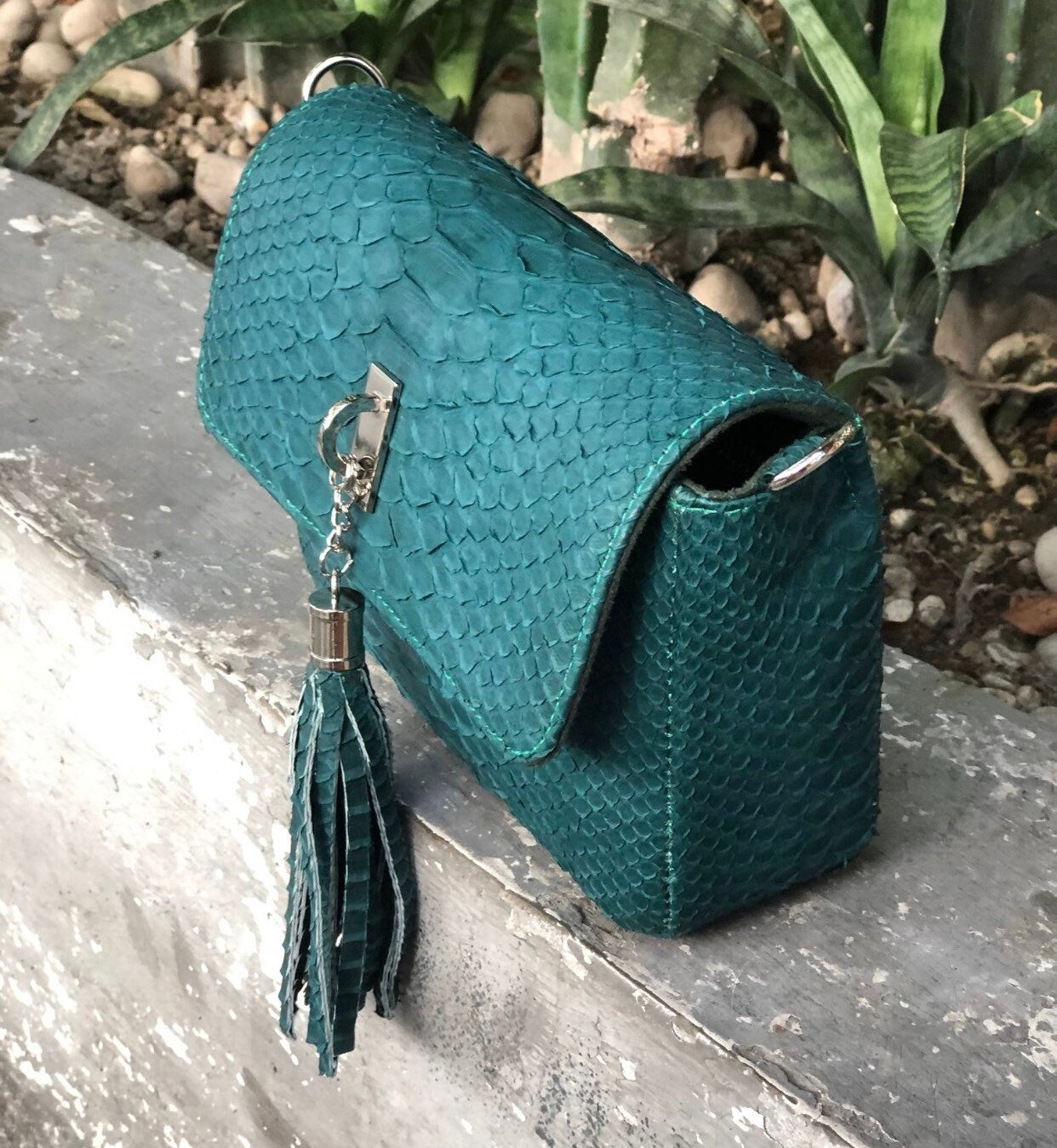 Genuine Python Skin Tassel Crossbody Bag — Dark Green