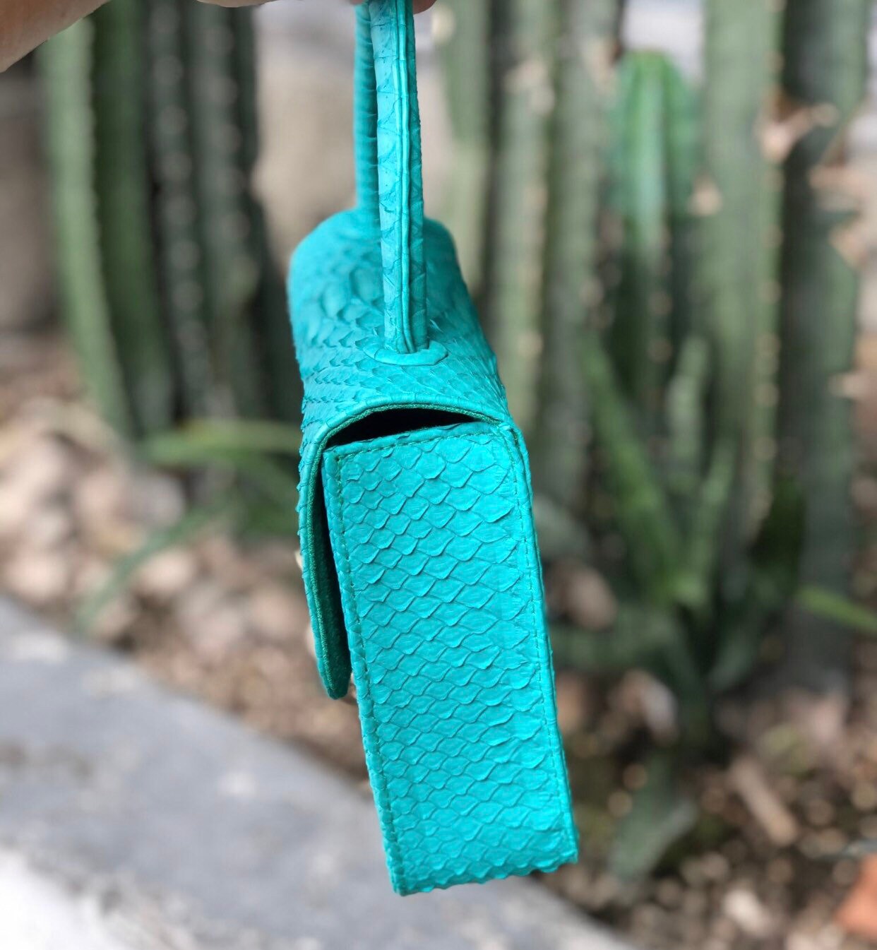 Genuine Python Skin Top Handle Mini Bag — Turquoise