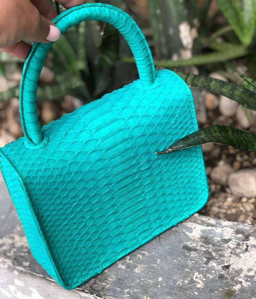 Genuine Python Skin Top Handle Mini Bag — Turquoise