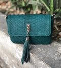 Genuine Python Skin Tassel Crossbody Bag — Dark Green