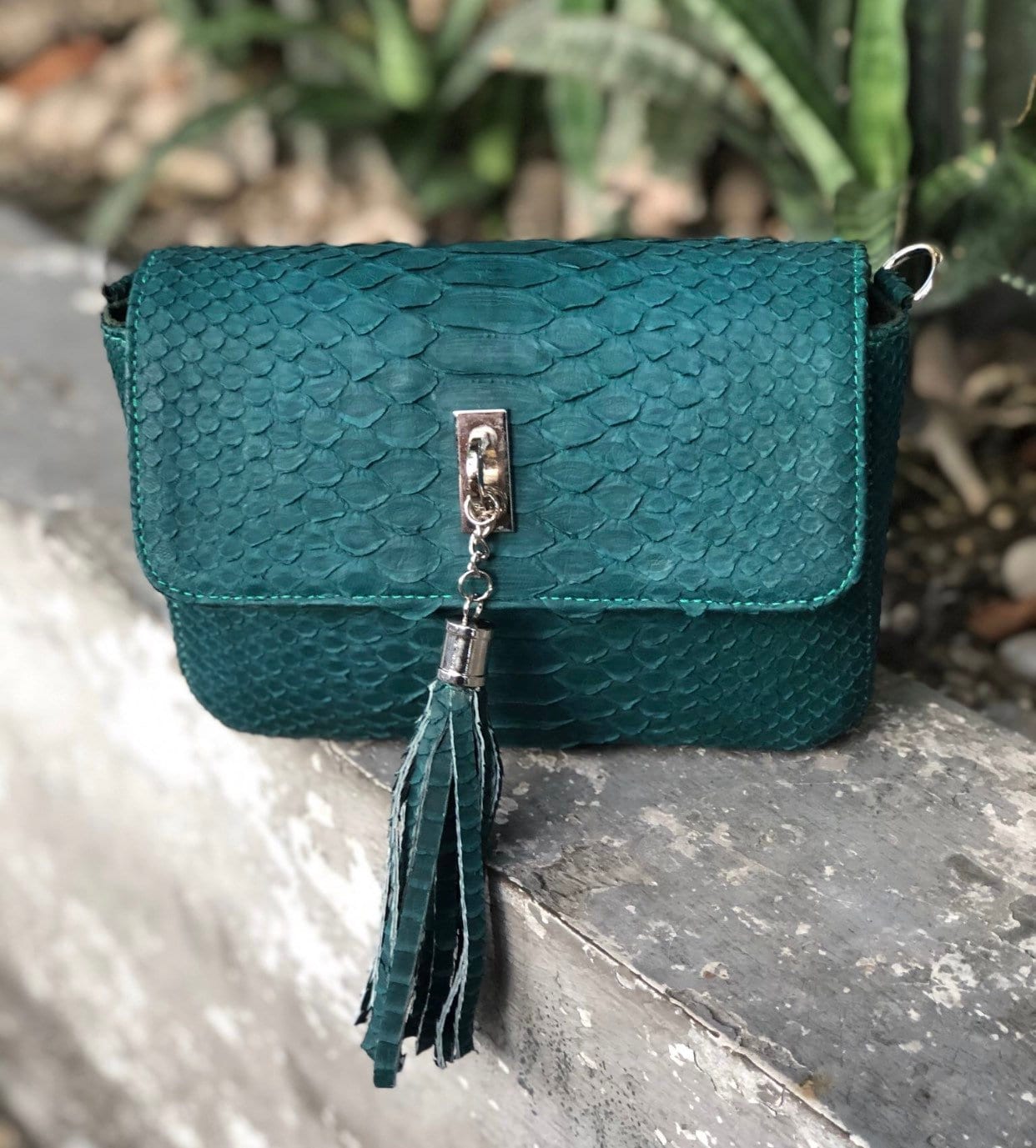 Genuine Python Skin Tassel Crossbody Bag — Dark Green