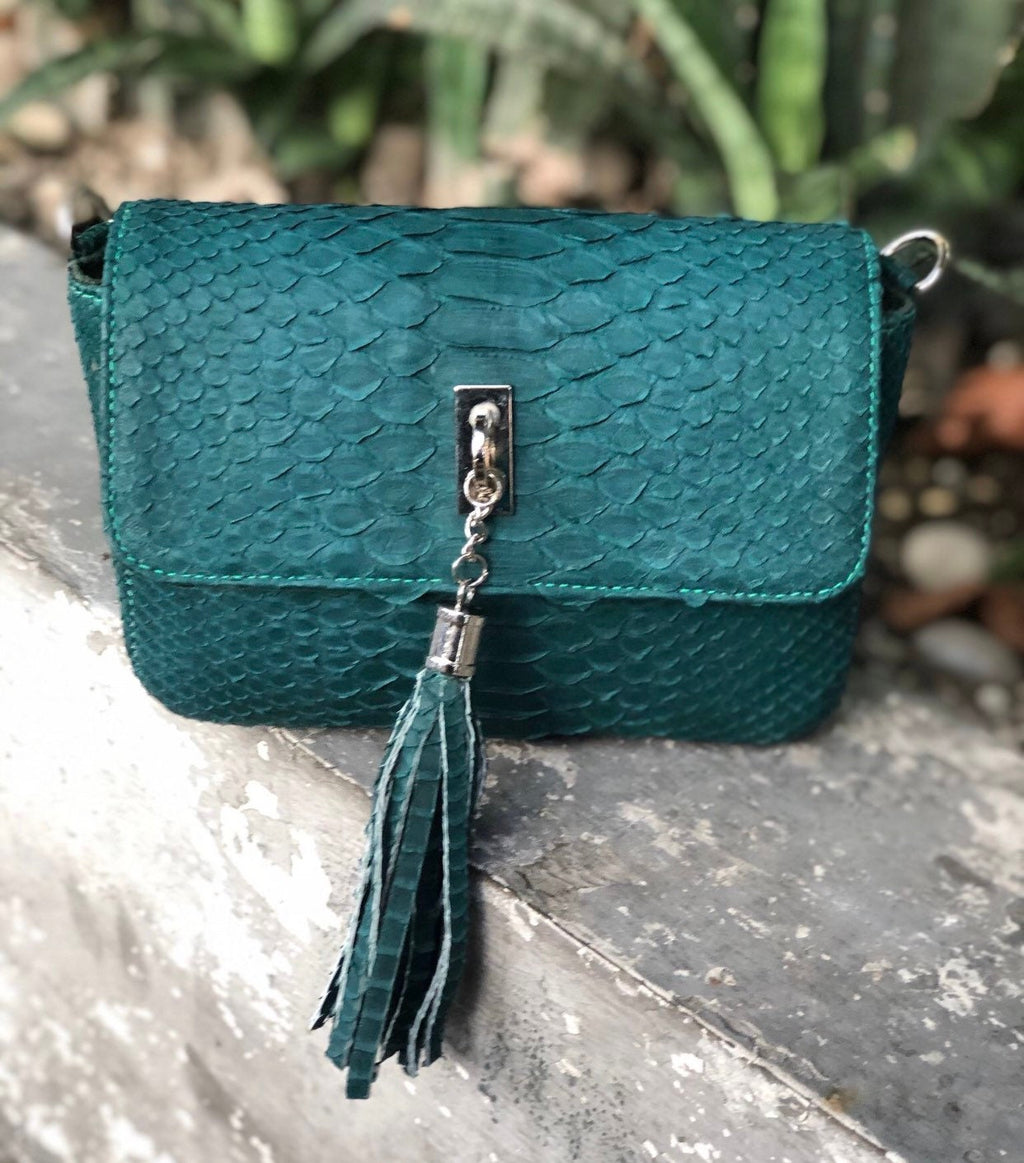 Genuine Python Skin Tassel Crossbody Bag — Dark Green