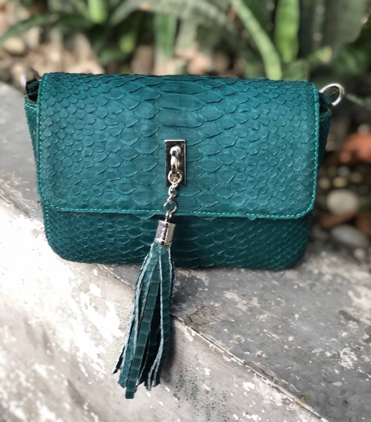 Genuine Python Skin Tassel Crossbody Bag — Dark Green