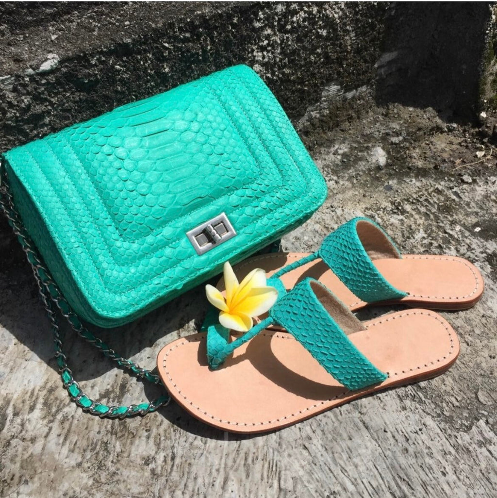 Python skin sandal turquoise Tiffany color | Women summer sandals | leather flops|  summer shoes | flat woman shoes | designer sandal