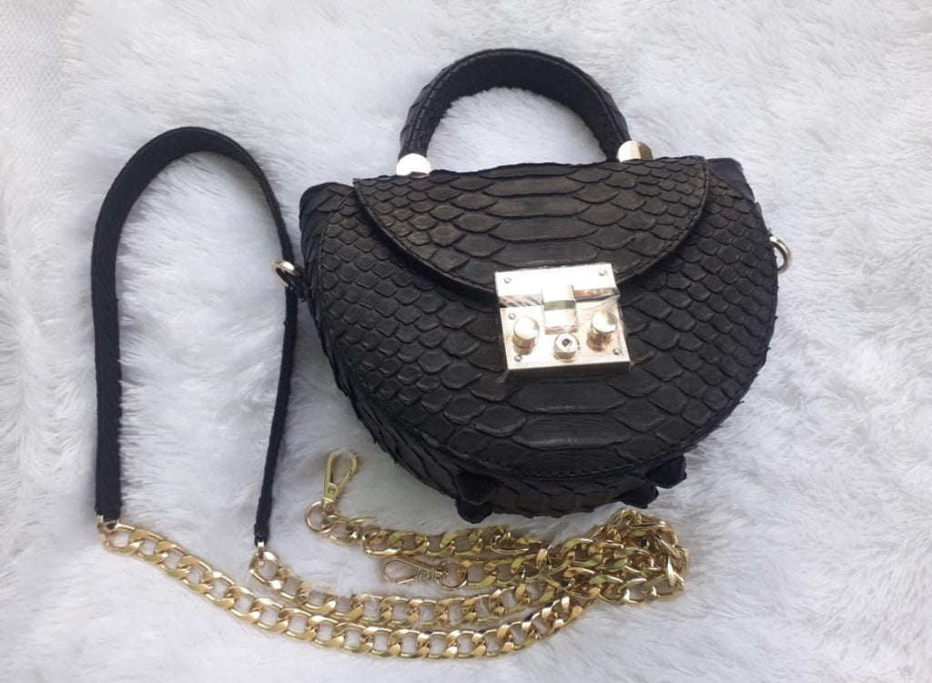 Genuine Python Skin Crosshandle Elegant Black Bag