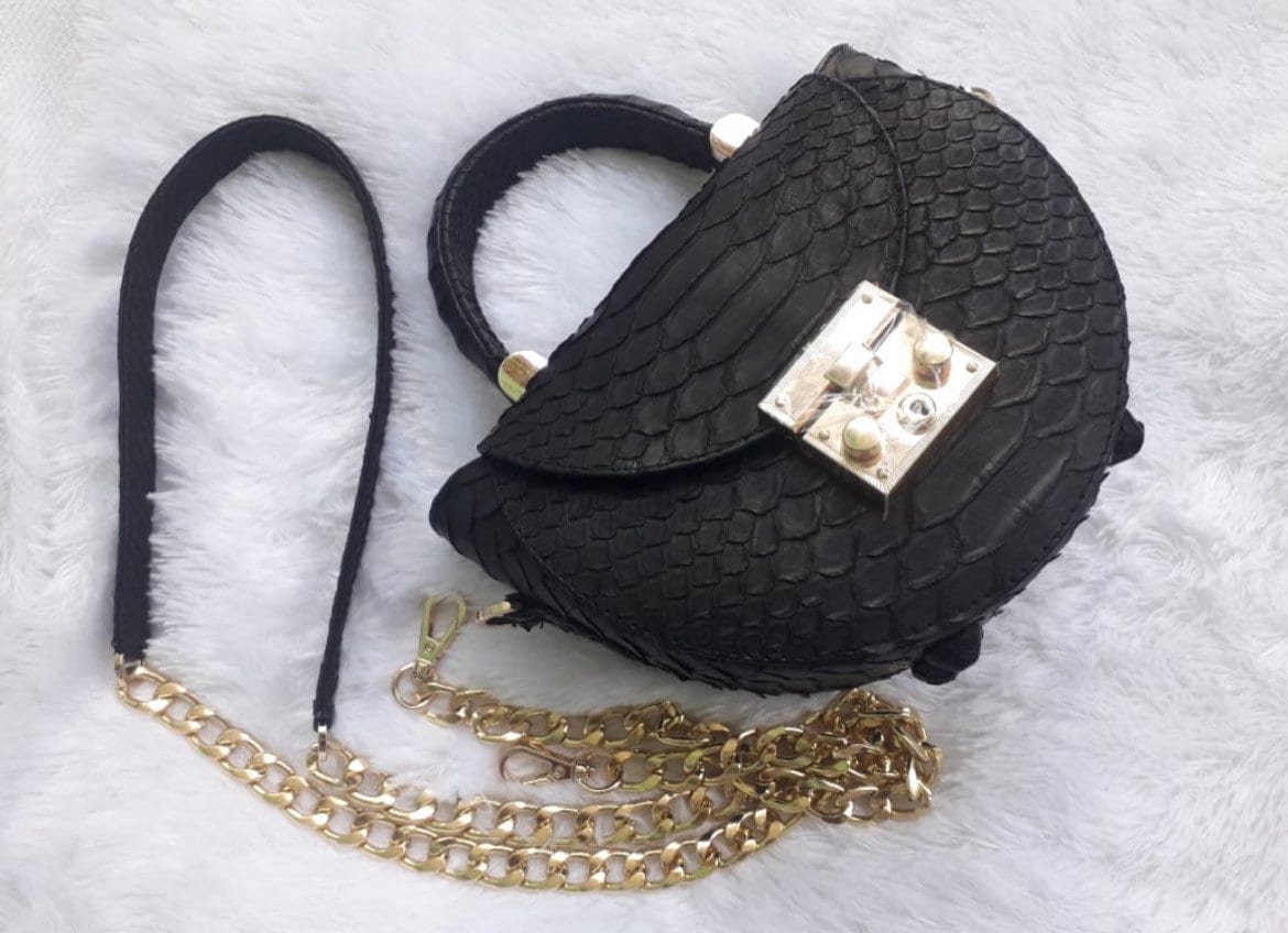 Genuine Python Skin Crosshandle Elegant Black Bag
