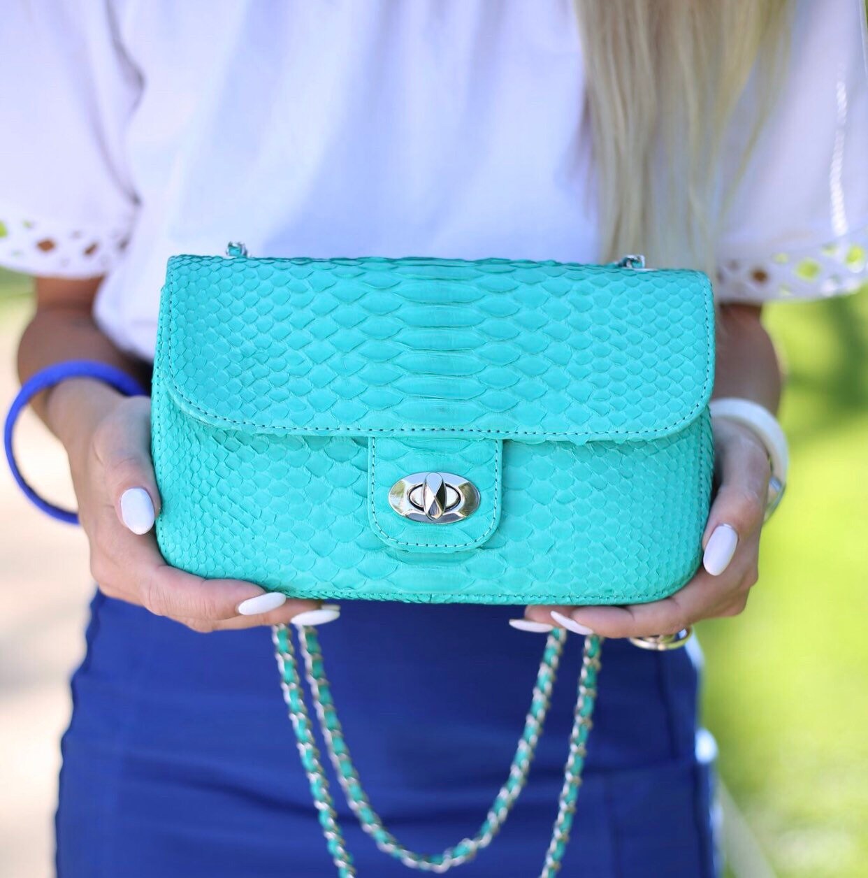 Genuine Python Skin MIDI Bag — Tiffany Turquoise