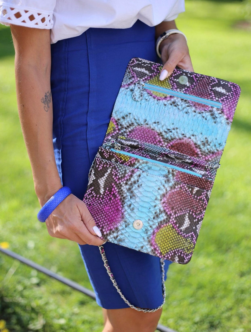 Genuine Python Skin Multicolor Flat Crossbody Bag